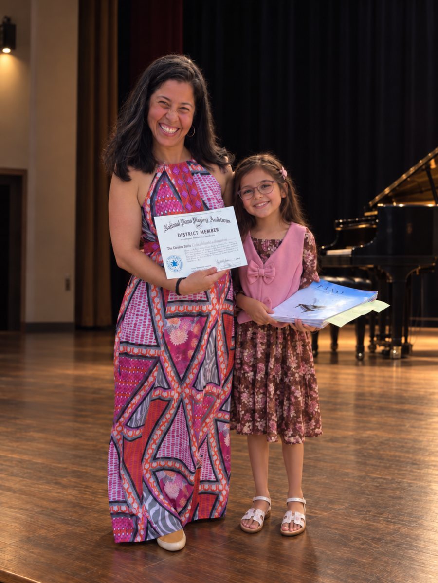 Mayda with a young piano student holding a Guild certificate on stage