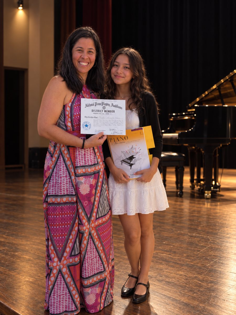 Mayda and a piano student smiling with a Guild certificate beside a grand piano