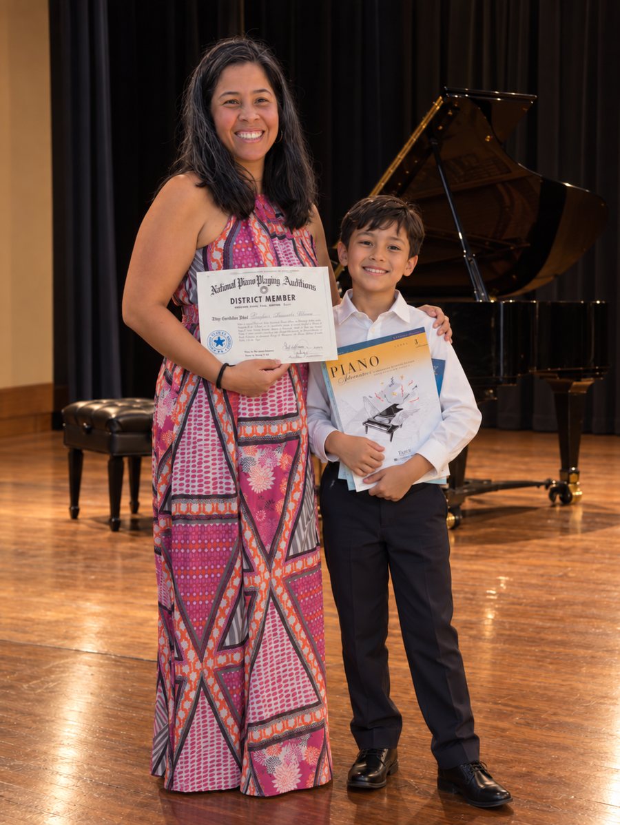 Mayda and a young pianist holding Guild certificates beside a grand piano