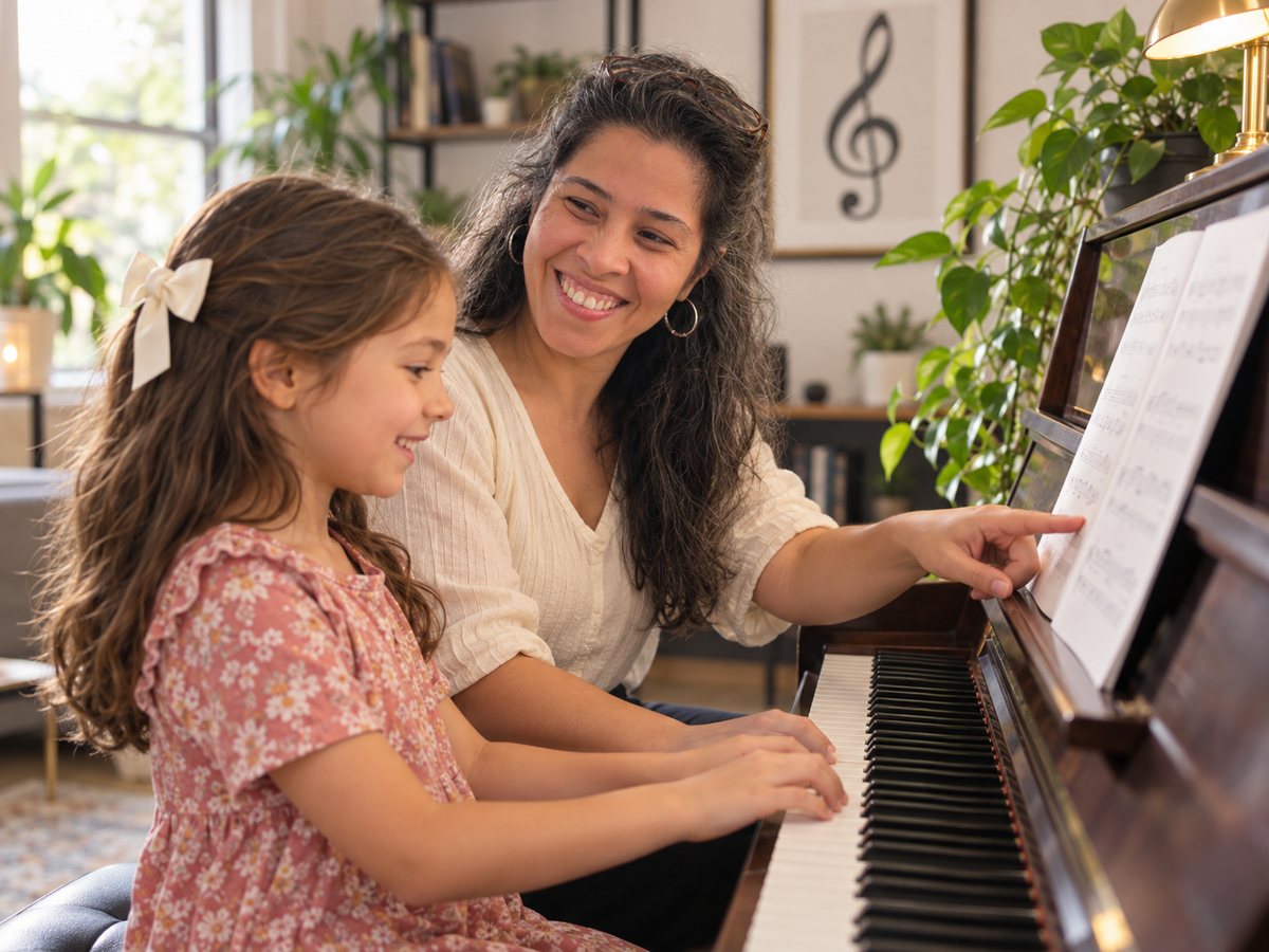 Mayda pointing to sheet music while a young student plays piano